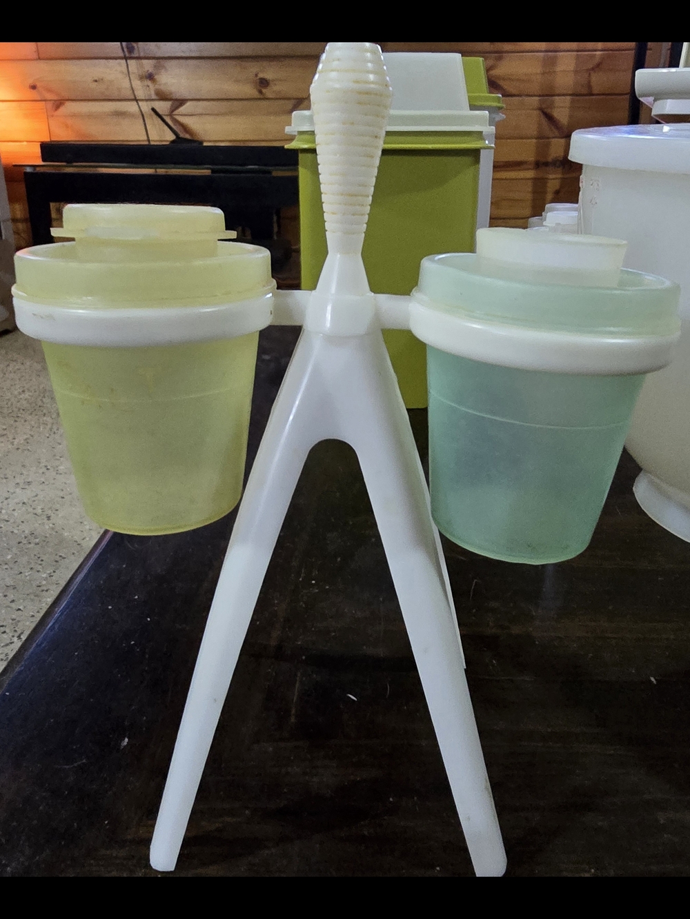 Vintage White Plastic Retro Salt & Pepper Server with Yellow and Mint Cups